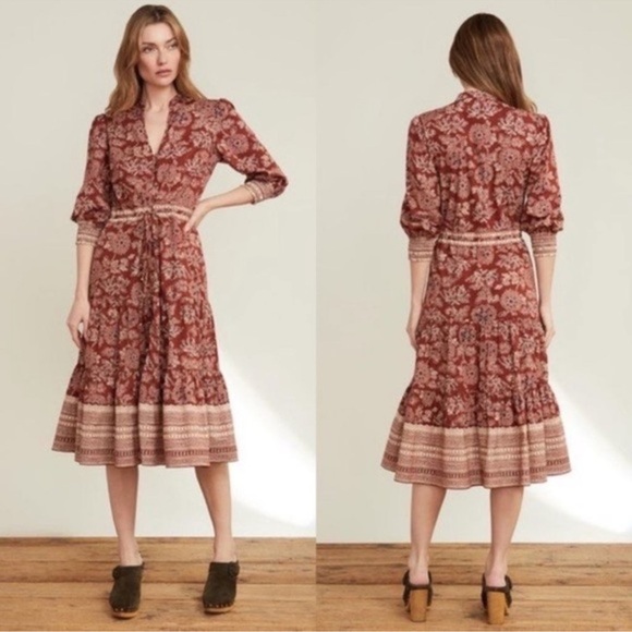 Veronica Beard Swedie Dress Size 12 Rust/Multi MIDI Length Cotton Poplin New